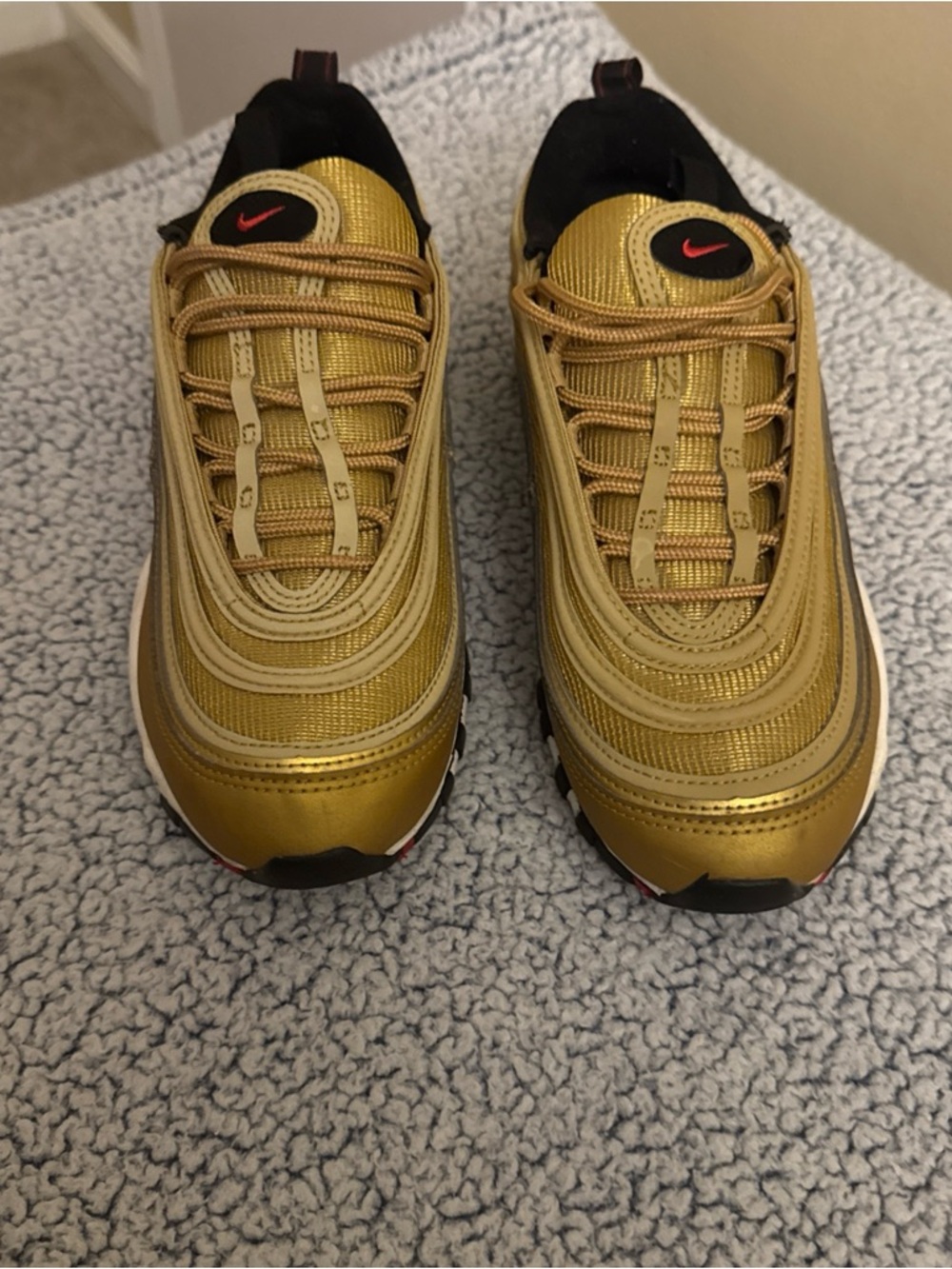 Nike Gold Metallic Air Max 97 Sneakers with Black and Red Accents